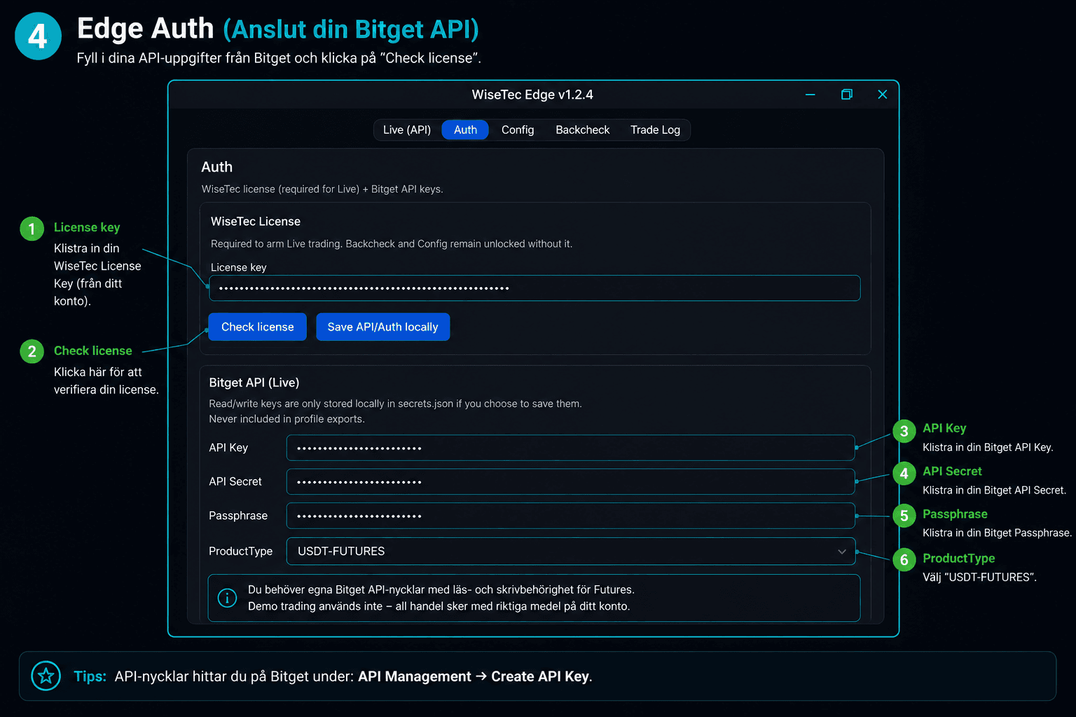 Ange licens och Bitget API i WiseTec Edge